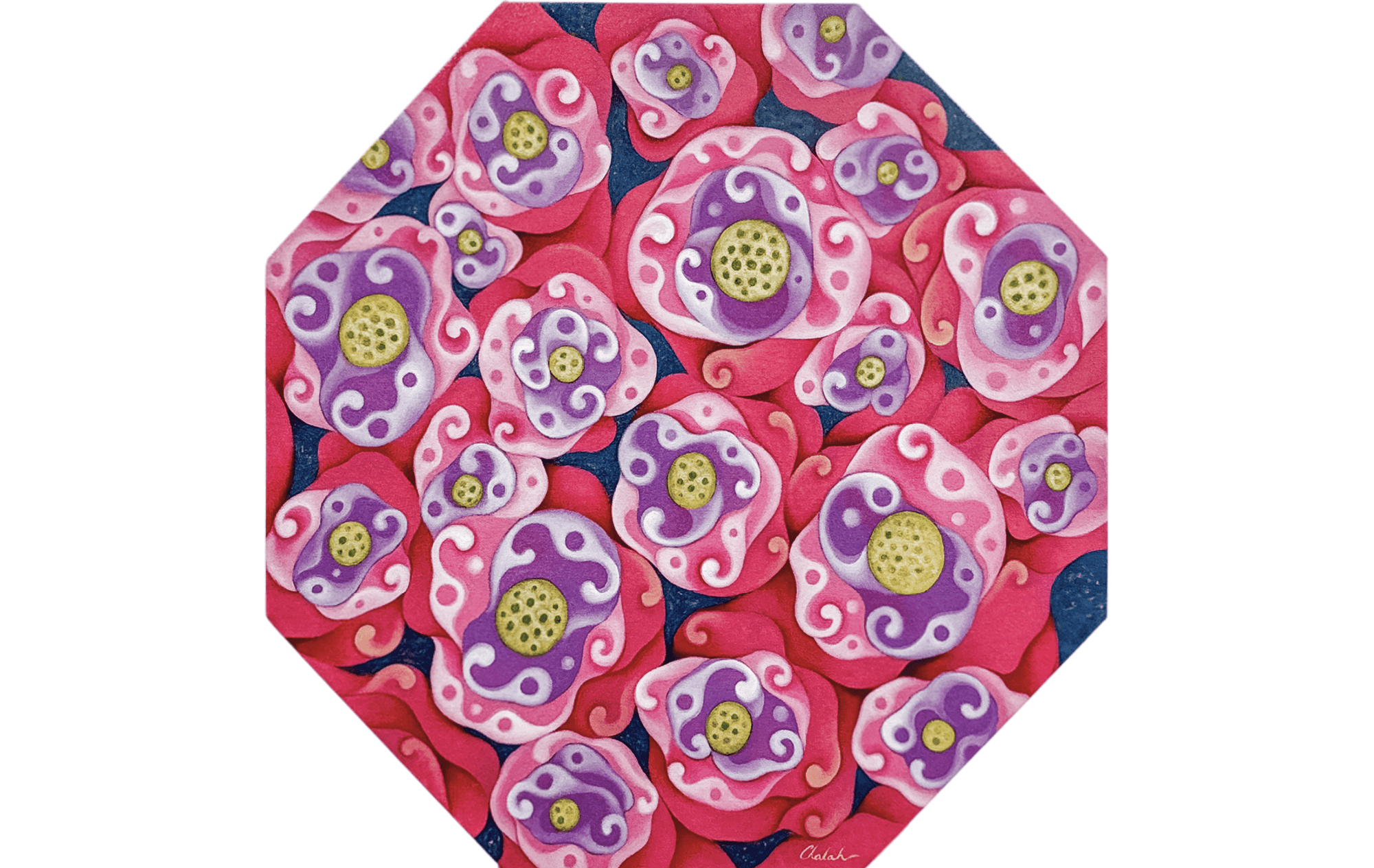 Pink Lotus (2022) by Chalah Chaveesuk, a contemporary oil painting featuring vivid pink and violet lotus flowers.