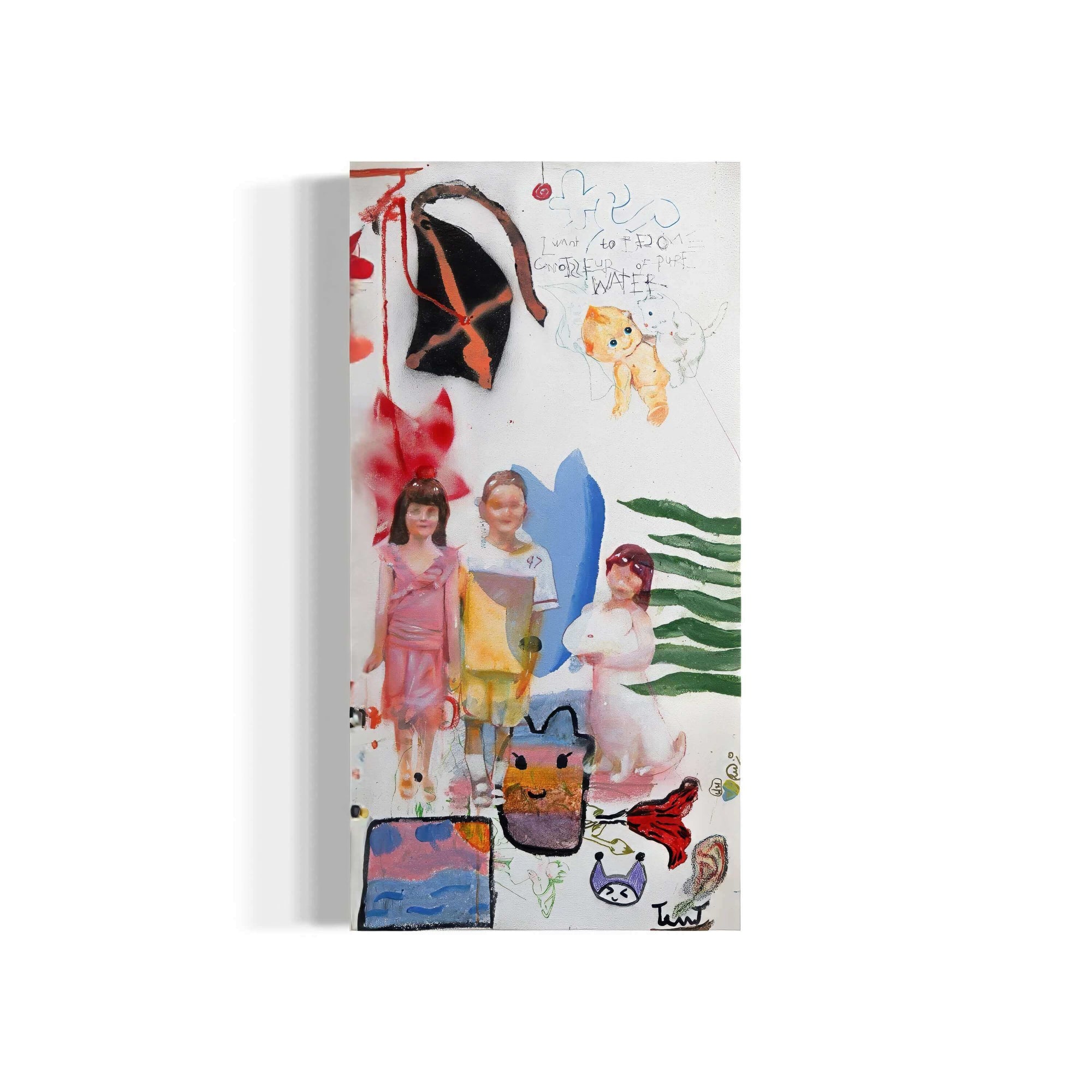 Abstract painting featuring three children with colorful artistic elements and vibrant colors.