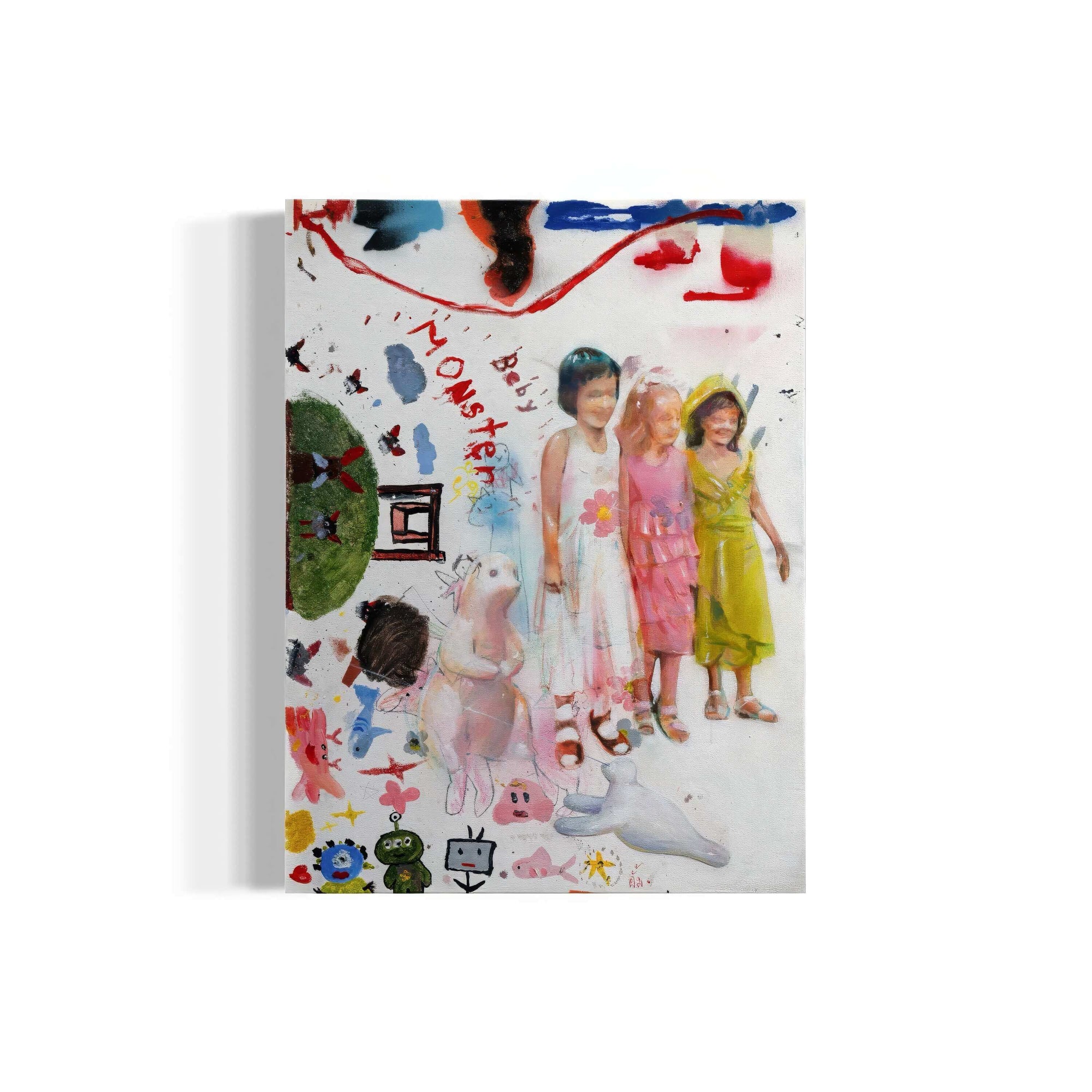 Abstract painting featuring three girls and colorful doodles, showcasing a playful and surreal artistic interpretation.