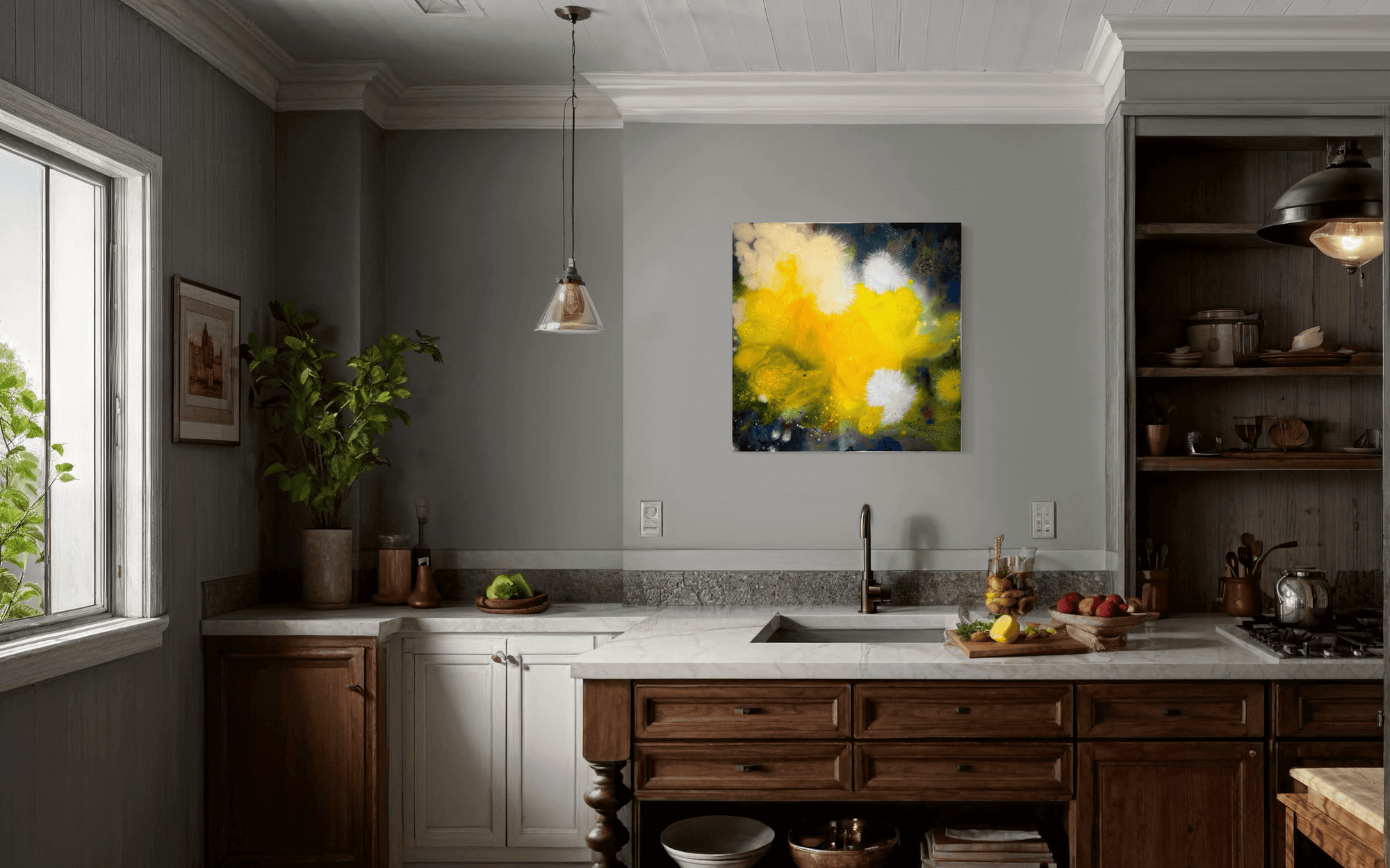 Abstract painting "White Fur 03" by Supmanee Chaisansuk in a cosy kitchen, featuring calming white and yellow tones.