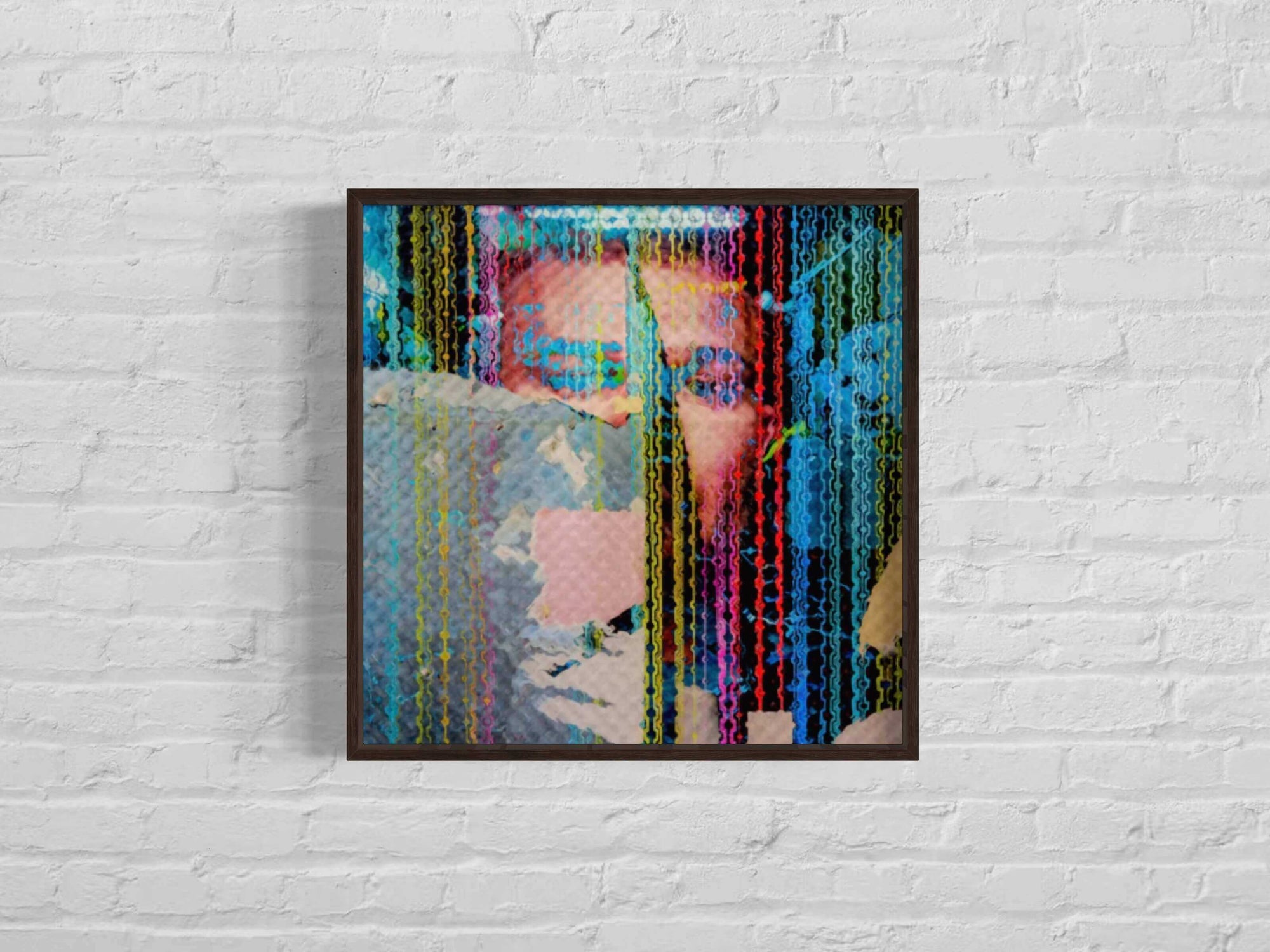 Interference Portrait 1 by Bryce, abstract artwork on canvas with vibrant colours and a teak wood frame, 2021, 33.49 x 33.49 inches