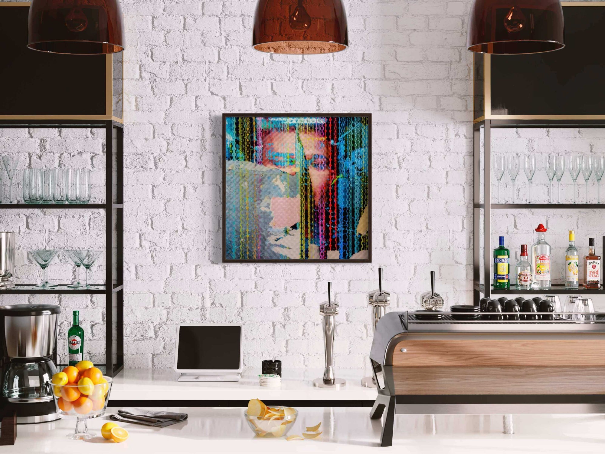 "Interference Portrait 1 by BRYCE on a white brick wall above a modern bar counter with fruits and bottles."