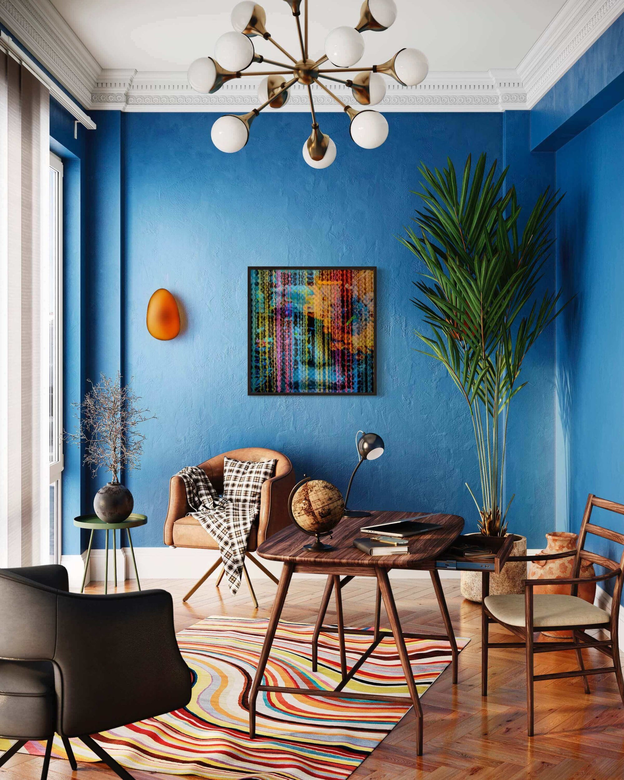 Abstract artwork "Interference Portrait 2" by artist BRYCE on blue wall in modern living room with vibrant decor and wooden furniture.