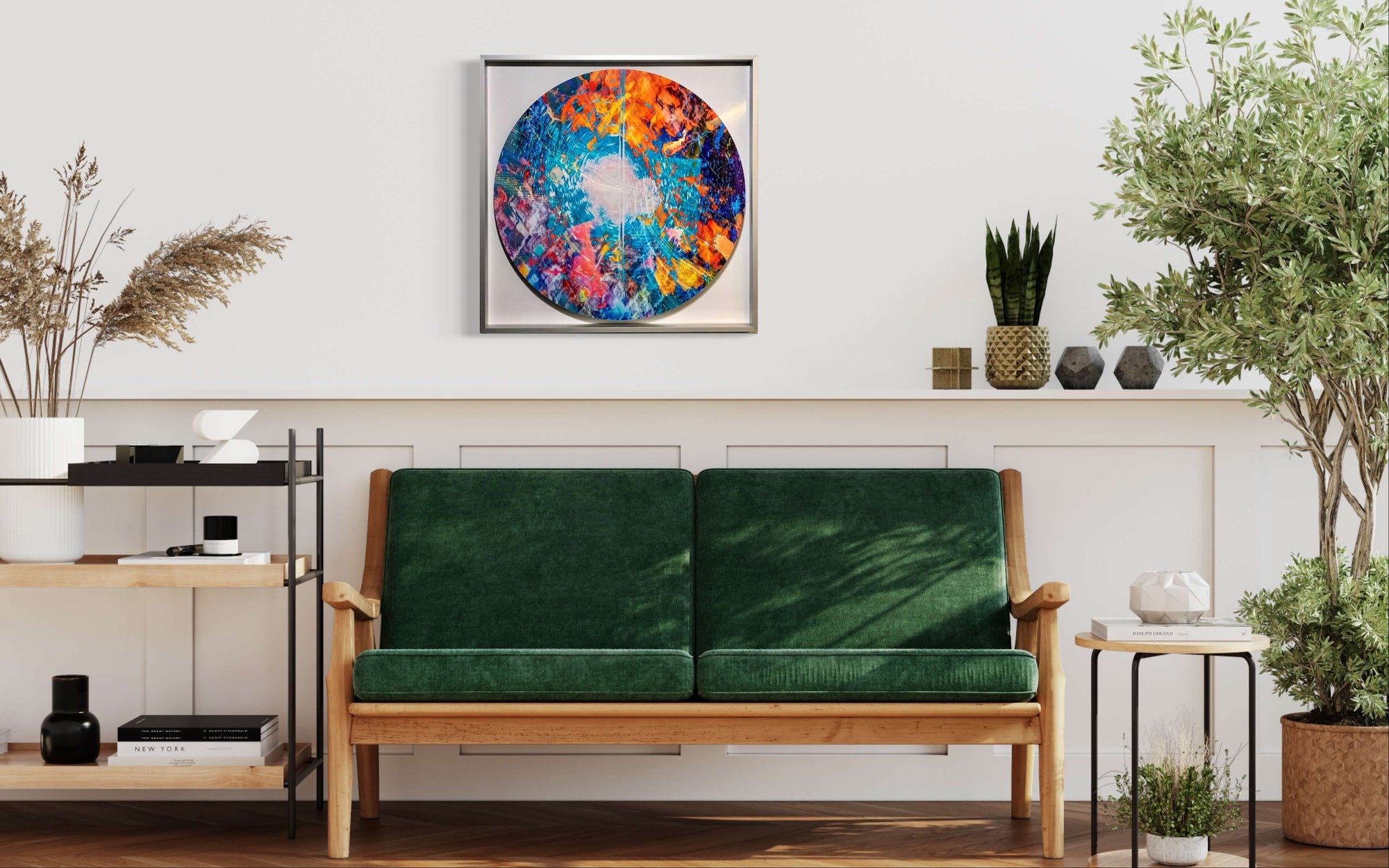 Abstract photographic artwork Serenity displayed in a contemporary space. Colorful circular patterns created through digital and analog techniques hold individual meaning and convey a mood of calmness and comfort. #CameraAsBrush